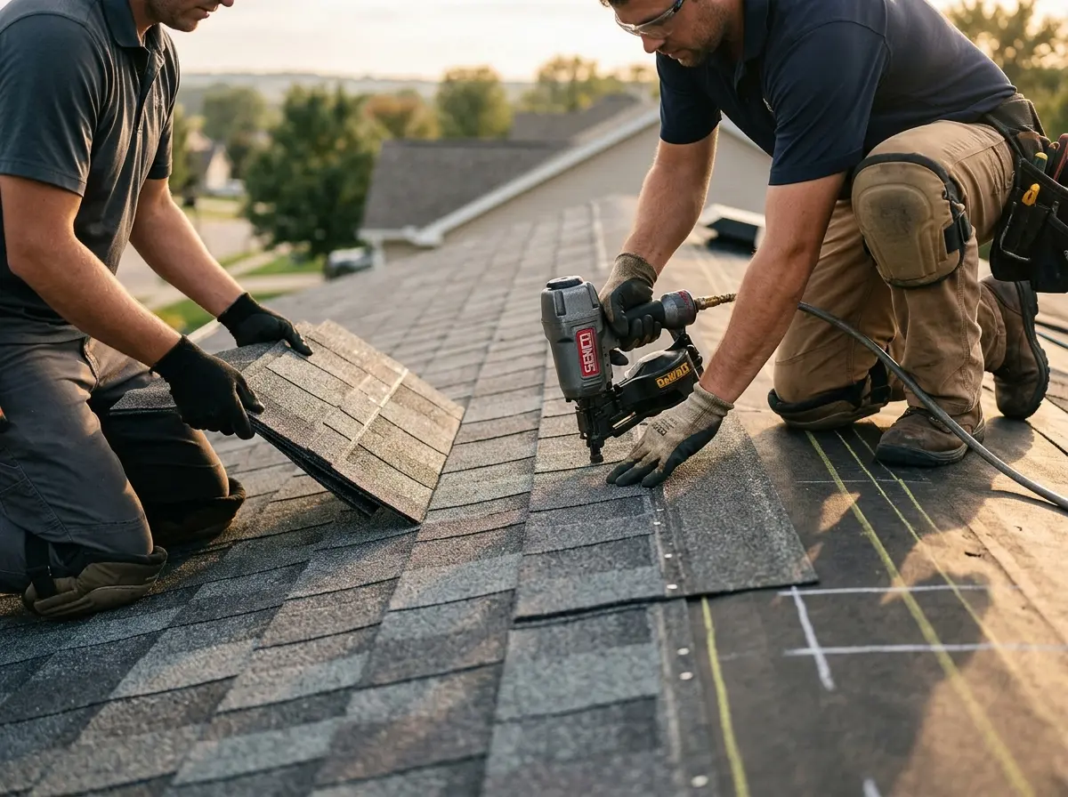 Professional roofer working on a residential roof in Huron
